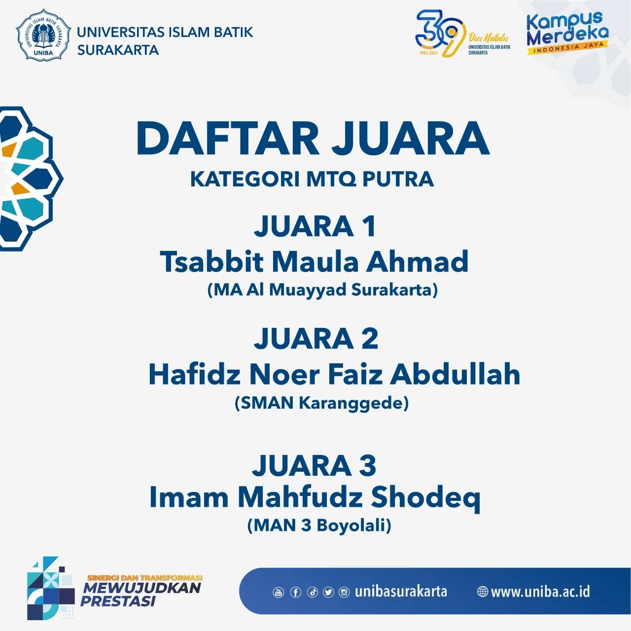 Budayakan Nilai-Nilai Qurani di Kalangan Anak Muda: UNIBA Surakarta adakan Kompetisi Musabaqah Tilawatil Qur’an (MTQ) & Murrotal Qur’an (MQ) tingkat SMA Sederajat