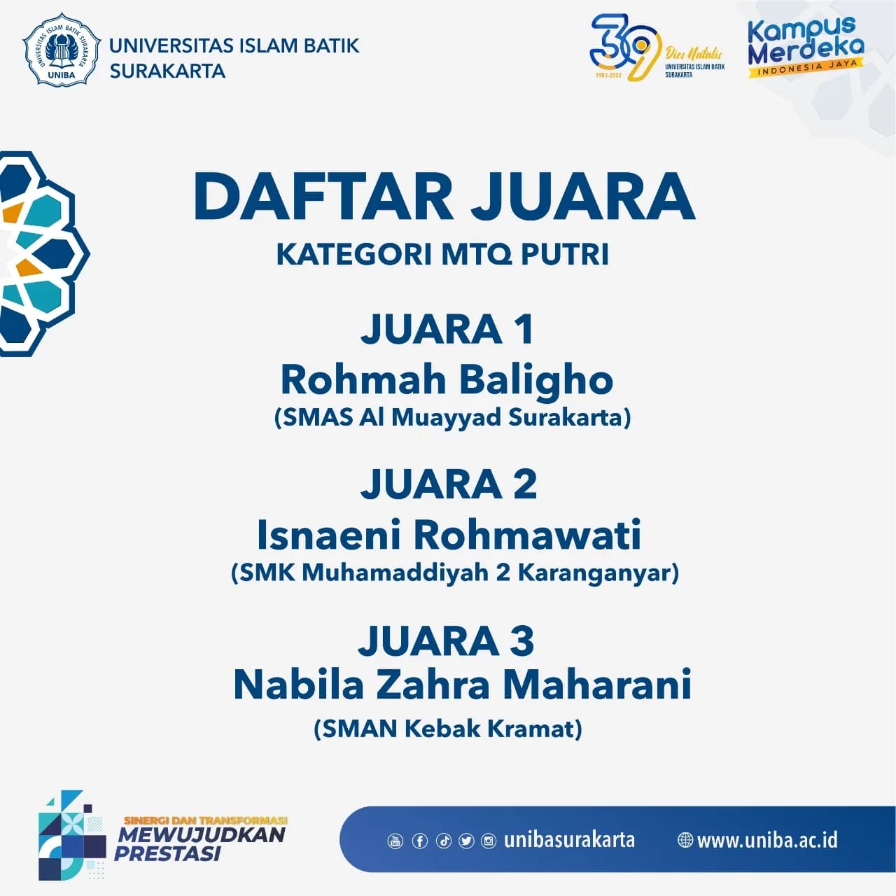 Budayakan Nilai-Nilai Qurani di Kalangan Anak Muda: UNIBA Surakarta adakan Kompetisi Musabaqah Tilawatil Qur’an (MTQ) & Murrotal Qur’an (MQ) tingkat SMA Sederajat