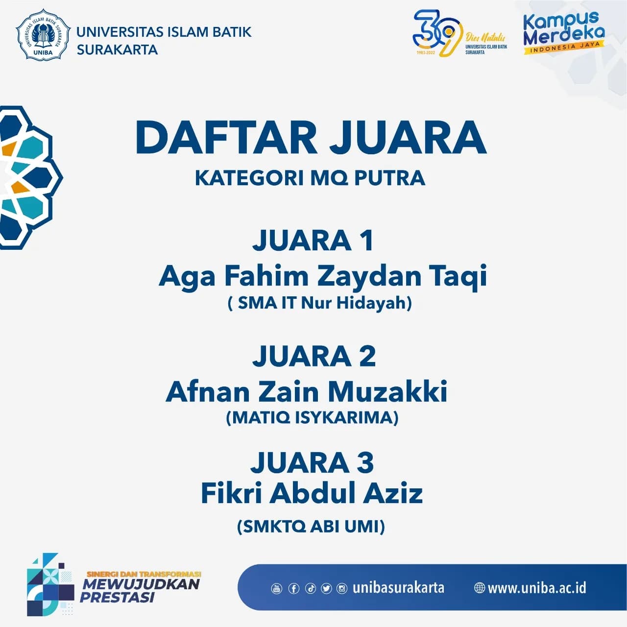 Budayakan Nilai-Nilai Qurani di Kalangan Anak Muda: UNIBA Surakarta adakan Kompetisi Musabaqah Tilawatil Qur’an (MTQ) & Murrotal Qur’an (MQ) tingkat SMA Sederajat