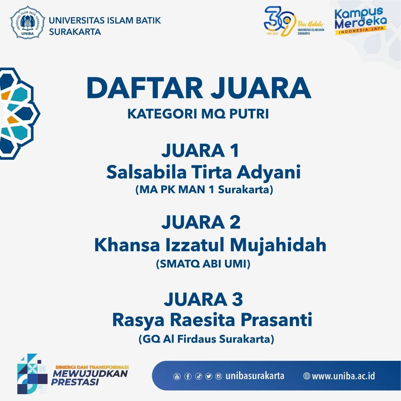 Budayakan Nilai-Nilai Qurani di Kalangan Anak Muda: UNIBA Surakarta adakan Kompetisi Musabaqah Tilawatil Qur’an (MTQ) & Murrotal Qur’an (MQ) tingkat SMA Sederajat